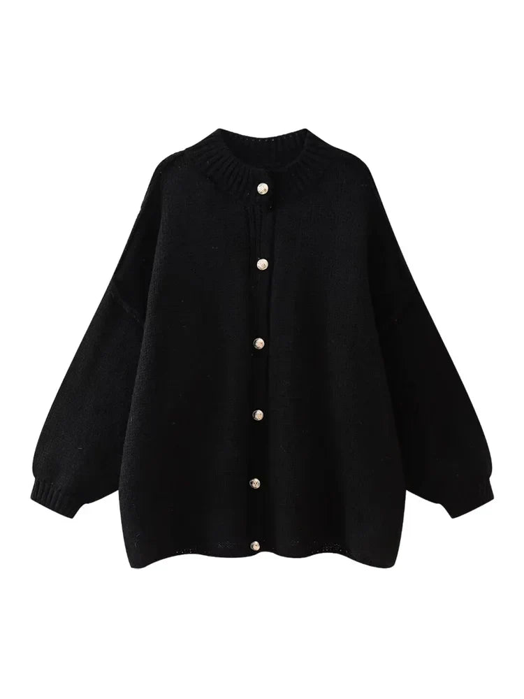 Chic Women's Bat Sleeve Cardigan with Stylish Lapel & Metal Button Accents - Perfect for Layering
