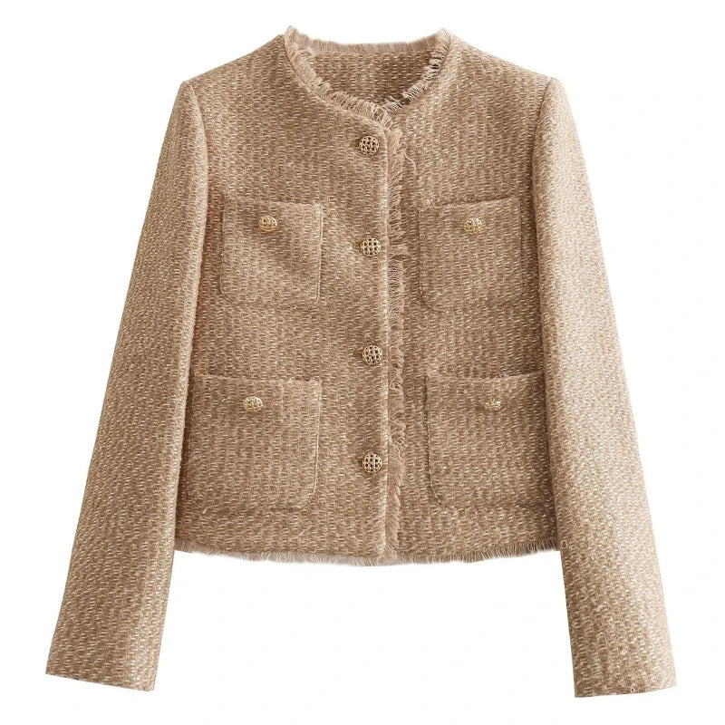 Elegant Women's Cropped Tweed Jacket - Long Sleeve Short Coat Style for Chic Fashion