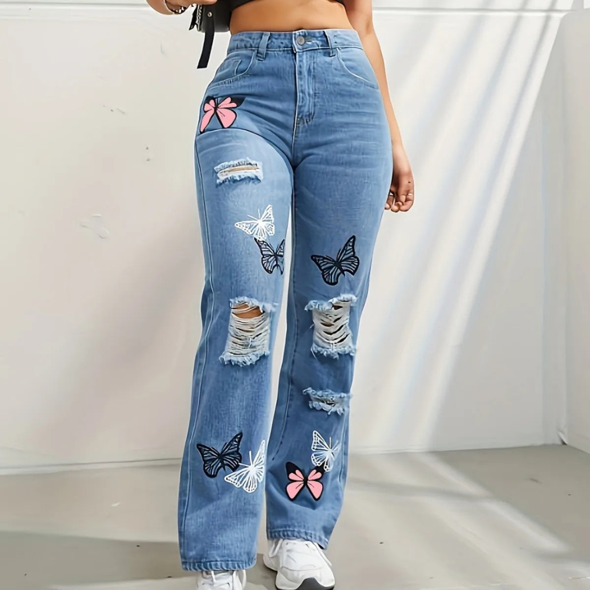2024 Vintage Women's High Waist Distressed Denim Jeans - Casual Loose Fit Butterfly Print Straight Leg Trousers with Ripped Details