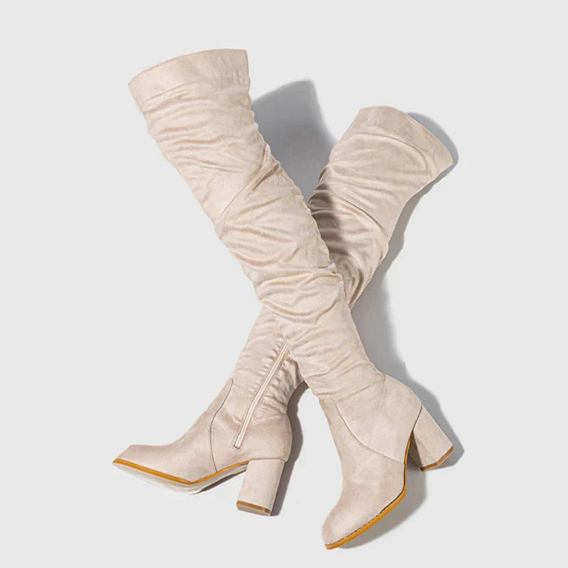 Stylish Women's Knee High Boots - Pointed Toe, Slouch Design, Block Heel - Perfect for Any Occasion