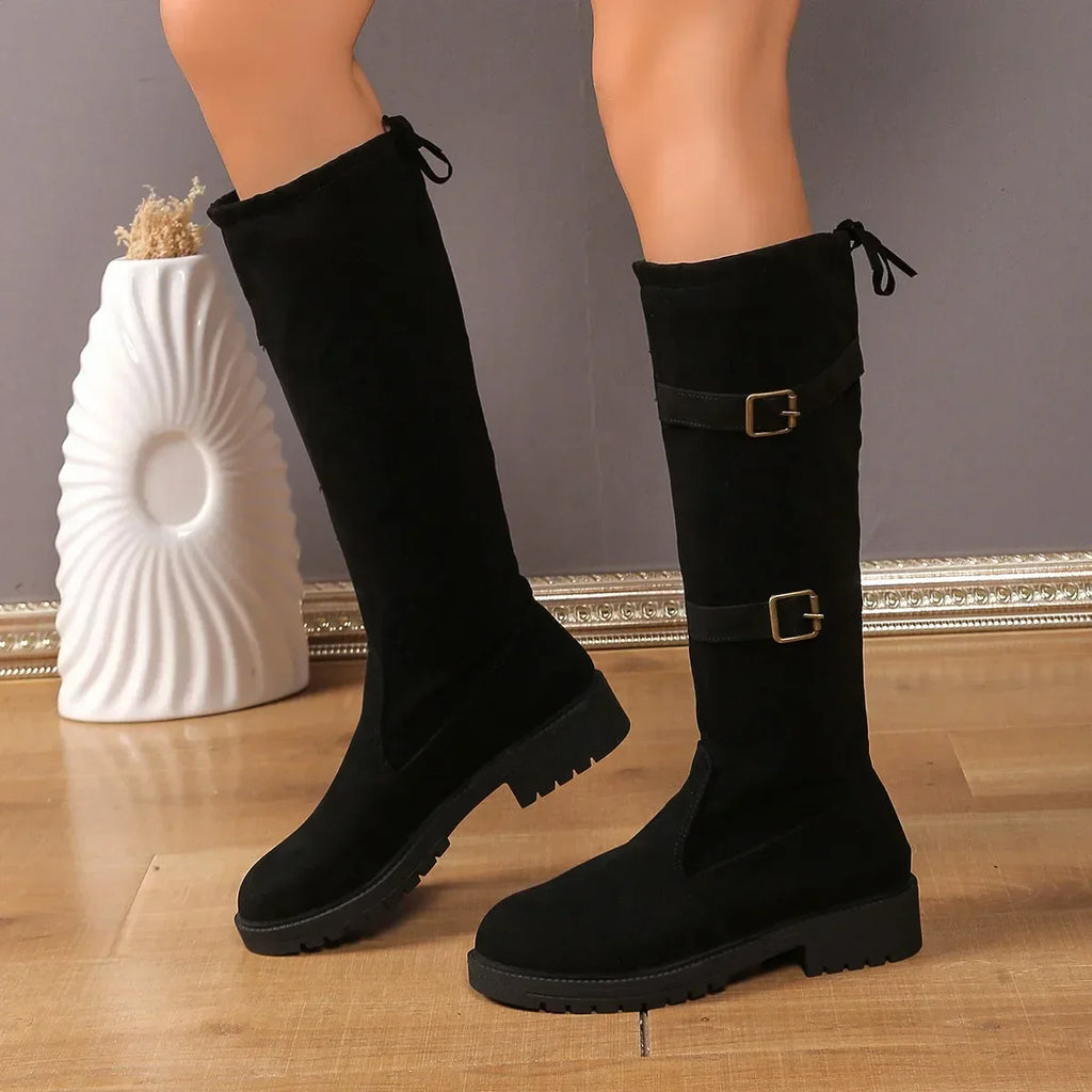 Women's Classic Black Low Heel Knee High Boots - Timeless Style & Comfort