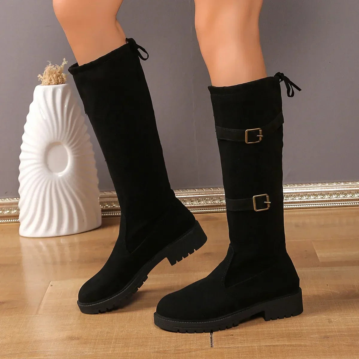 Women's Classic Black Low Heel Knee High Boots - Timeless Style & Comfort