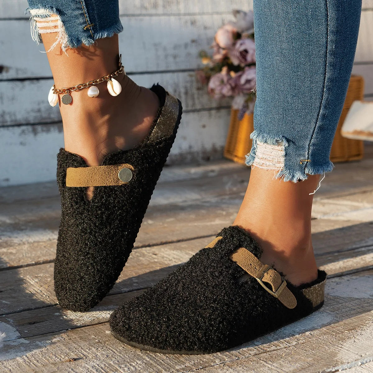 Cozy Women's Slip-On Slippers with Buckle Detail | Soft Comfort Footwear for Home & Relaxation