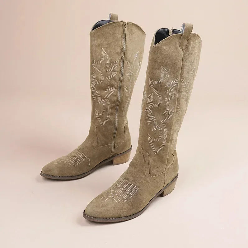 Stylish Women's Knee High Cowboy Boots with Embroidered Design & Chunky Heel - Perfect for Western Fashion