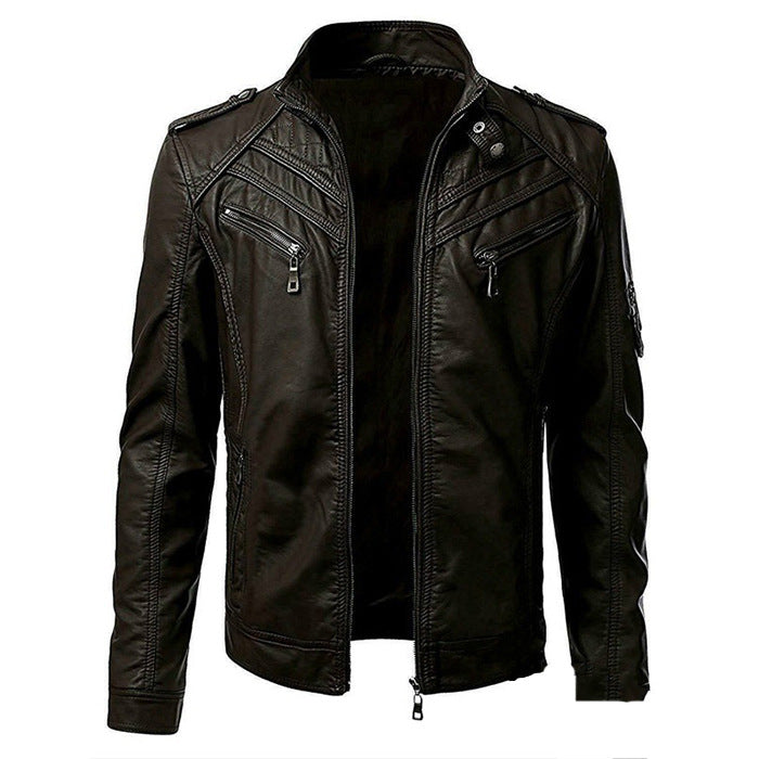 Men's Slim Fit Leather Jacket with Zip Pockets & Stand Collar - Stylish & Durable Outerwear