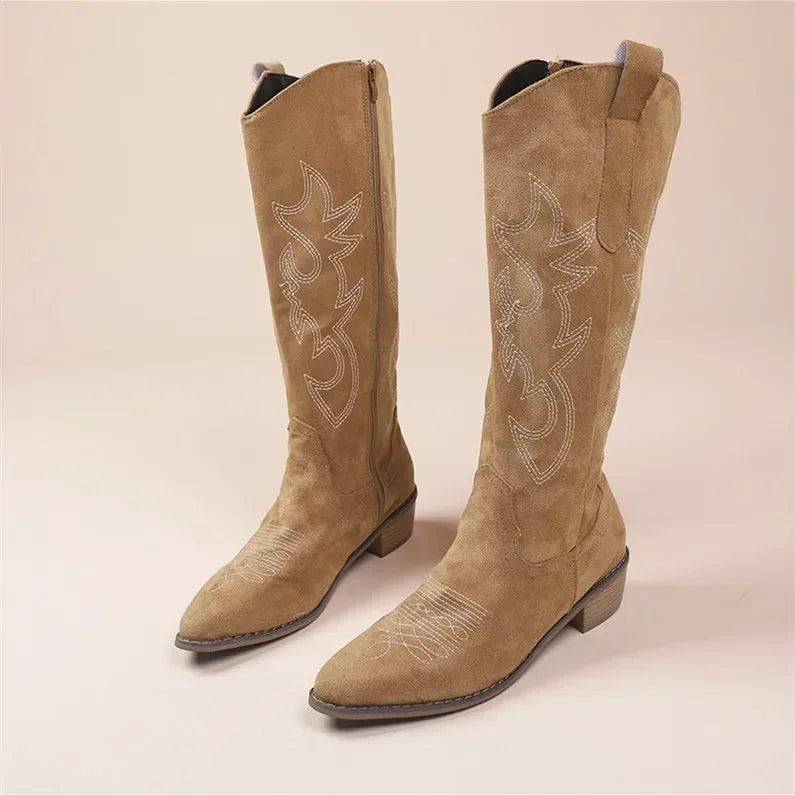 Stylish Women's Knee High Cowboy Boots with Embroidered Design & Chunky Heel - Perfect for Western Fashion