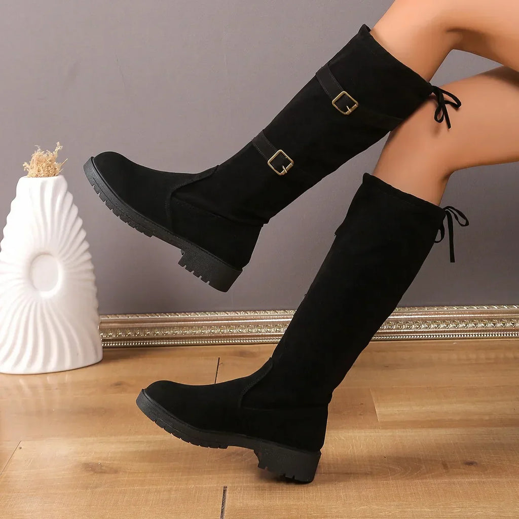 Women's Classic Black Low Heel Knee High Boots - Timeless Style & Comfort