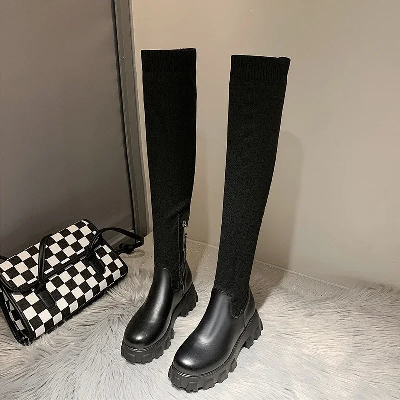 Women's Stretch Fit Knee High Boots - Chunky Lug Sole & Side Zip Closure for Comfort and Style