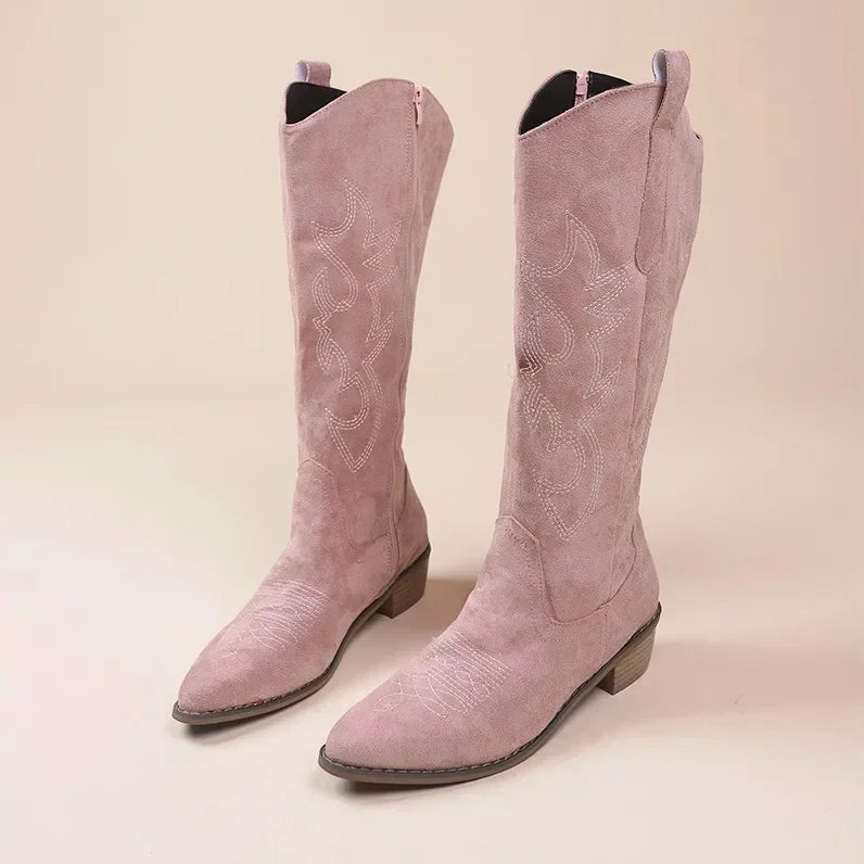 Stylish Women's Knee High Cowboy Boots with Embroidered Design & Chunky Heel - Perfect for Western Fashion