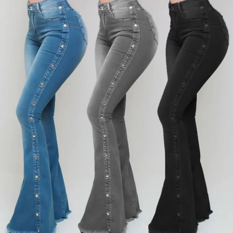 High Waist Stretch Denim Flare Jeans for Women - Vintage Buttoned Trousers | Autumn 2024 Streetwear | Floor-Length Fashion