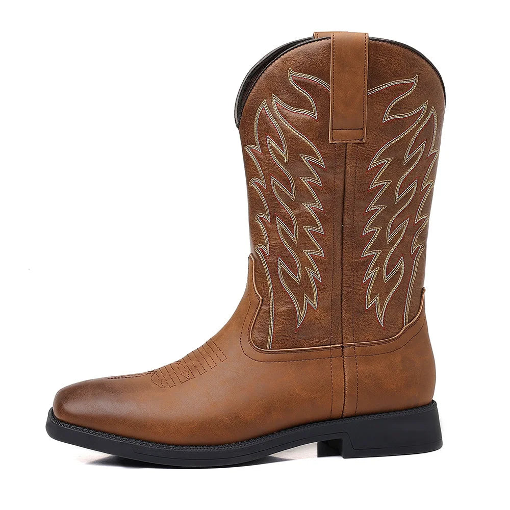Men's Embroidered Western Cowboy Boots - Classic Mid-Calf Square Toe Design