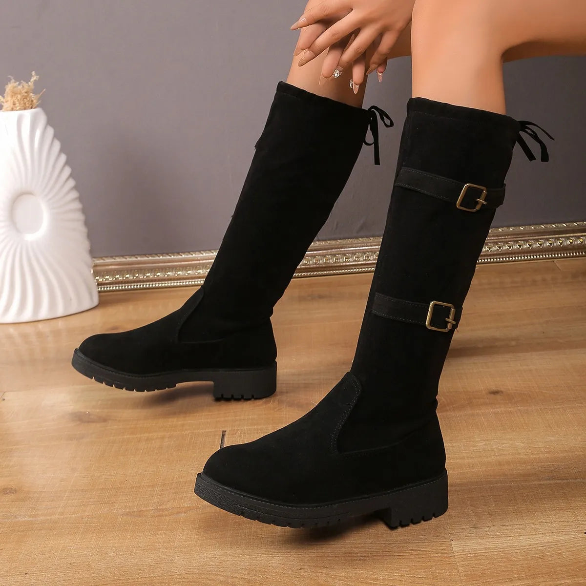 Women's Classic Black Low Heel Knee High Boots - Timeless Style & Comfort