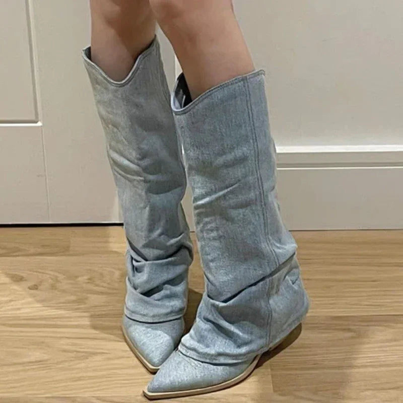 Stylish Women's Knee High Pleated Western Boots - Pointed Toe Heeled Design