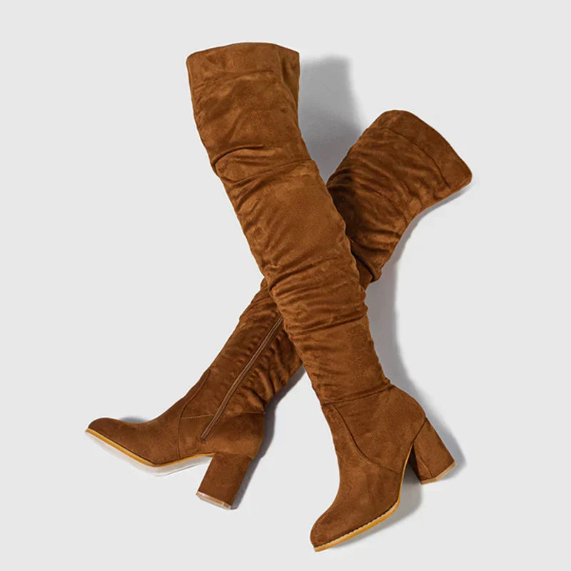 Stylish Women's Knee High Boots - Pointed Toe, Slouch Design, Block Heel - Perfect for Any Occasion