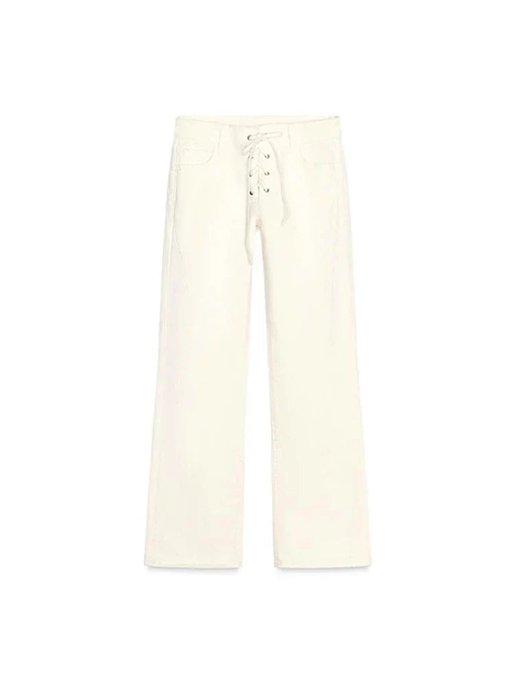 2025 Summer Women's High Waist White Denim Jeans with Drawstring & Lace-Up - Straight Leg Pants with Pockets - Trendy Fashion for Ladies