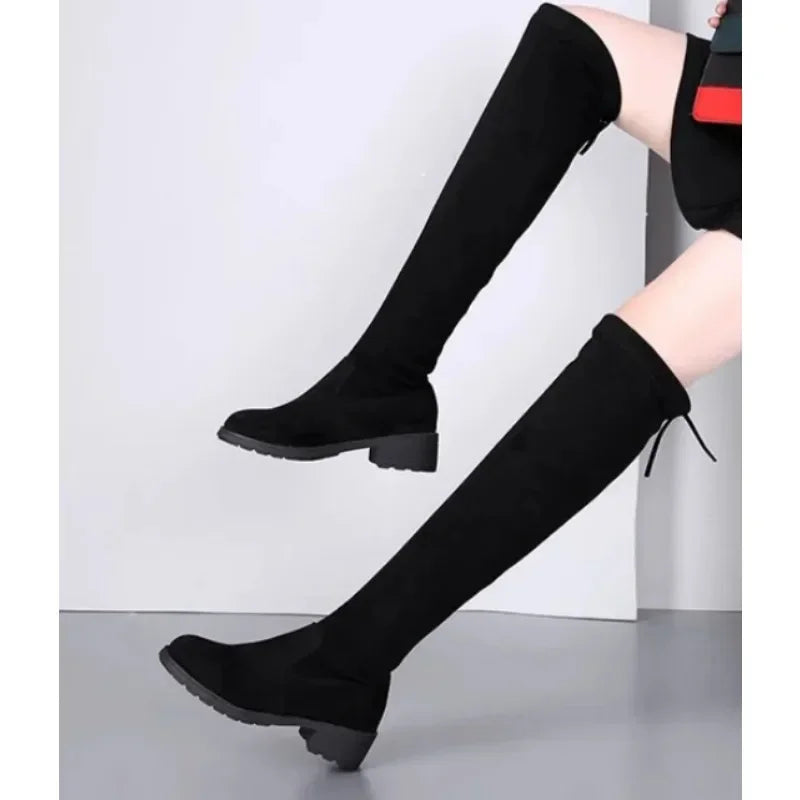Stylish Women's Black Over-the-Knee Lace-Up Boots with Chunky High Heels – Trendy Footwear for Any Occasion