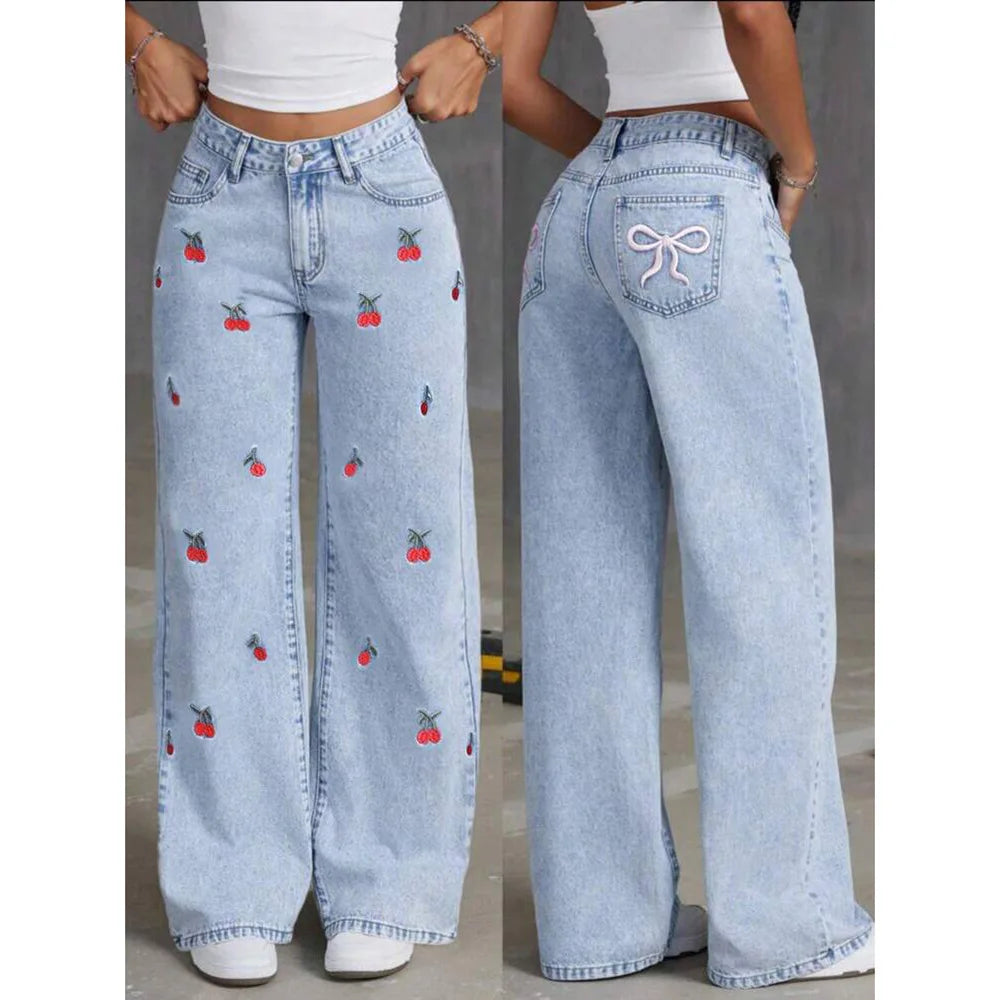 2025 Women's Vintage High Waist Wide Leg Denim Jeans with Embroidery, Distressed Finish, and Pockets - Floor Length Streetwear Trousers