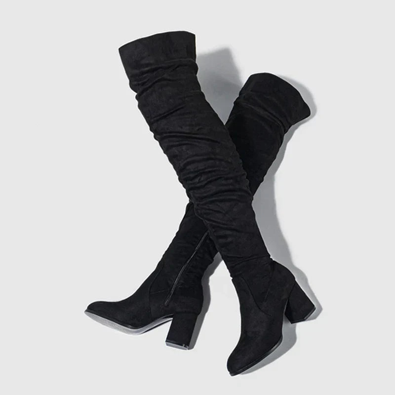 Stylish Women's Knee High Boots - Pointed Toe, Slouch Design, Block Heel - Perfect for Any Occasion