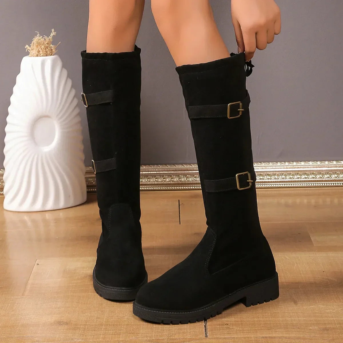 Women's Classic Black Low Heel Knee High Boots - Timeless Style & Comfort