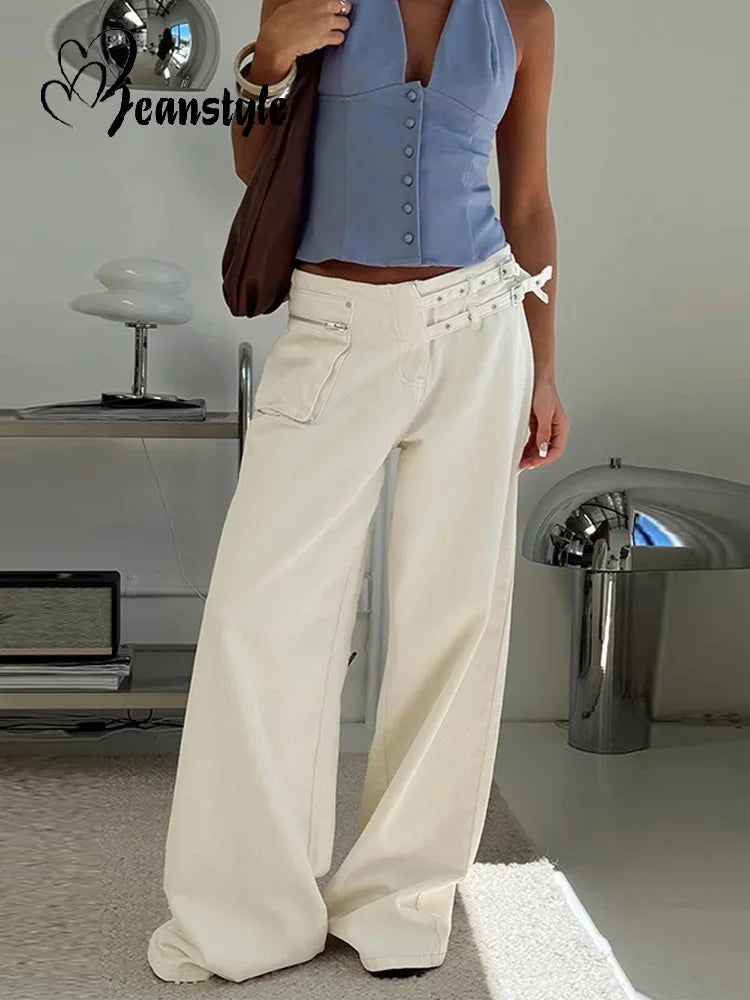 2025 Dames Jeans met Midden Taille - Wijde Pijpen & Zakken - Losse Denim Broek voor Lente/Zomer - Trendy All-Match Vrouwelijke Broek