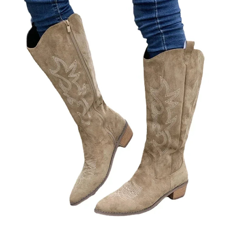 Stylish Women's Knee High Cowboy Boots with Embroidered Design & Chunky Heel - Perfect for Western Fashion