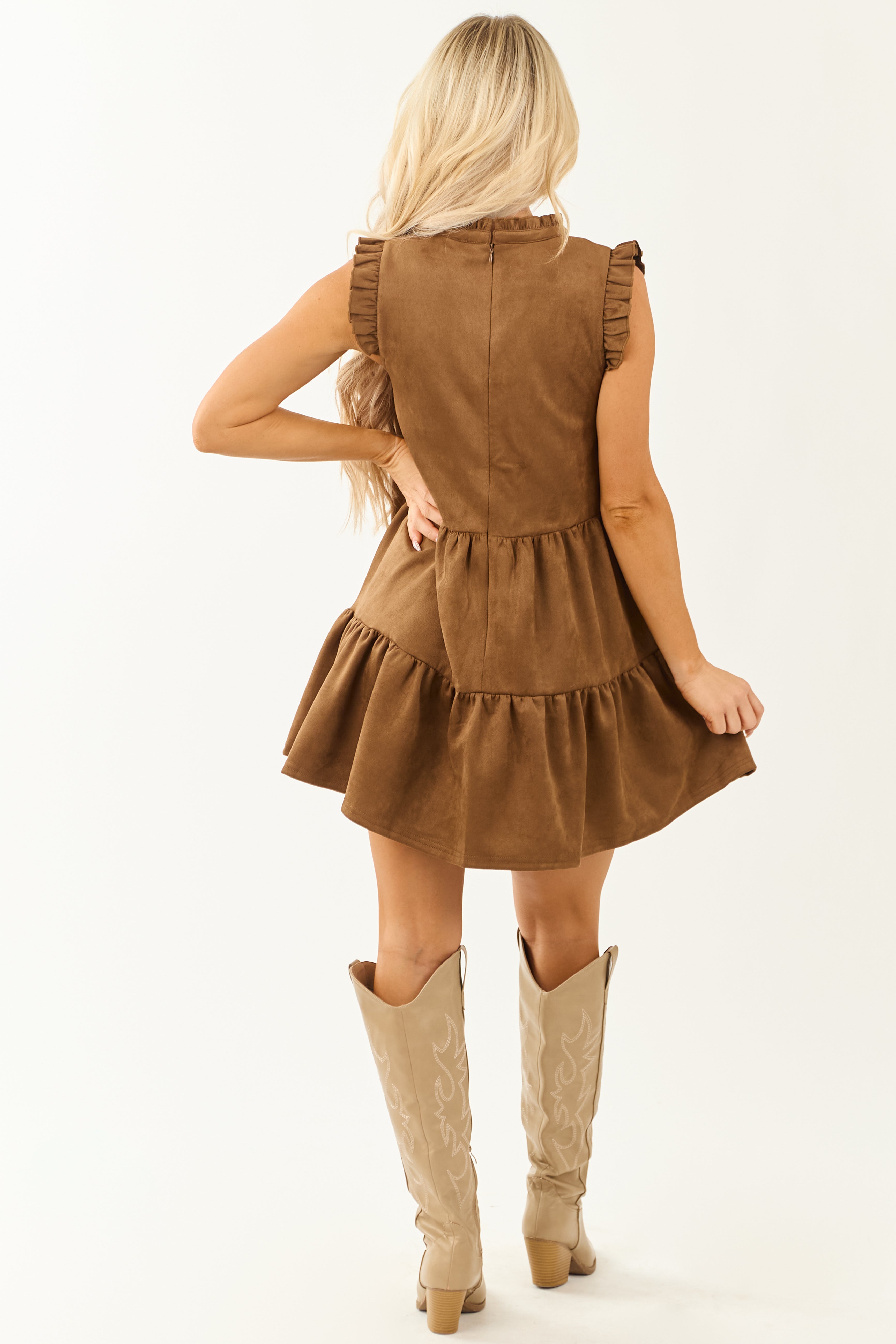 Chic Sepia Faux Suede Mini Dress with Frill Cuffs - Tent Style Fashion for Effortless Elegance
