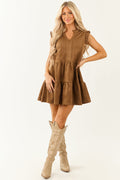 Chic Sepia Faux Suede Mini Dress with Frill Cuffs - Tent Style Fashion for Effortless Elegance