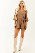 Chic Sepia Velvet Puff Sleeve Wide Leg Romper - Textured Fashion Jumpsuit for Effortless Style