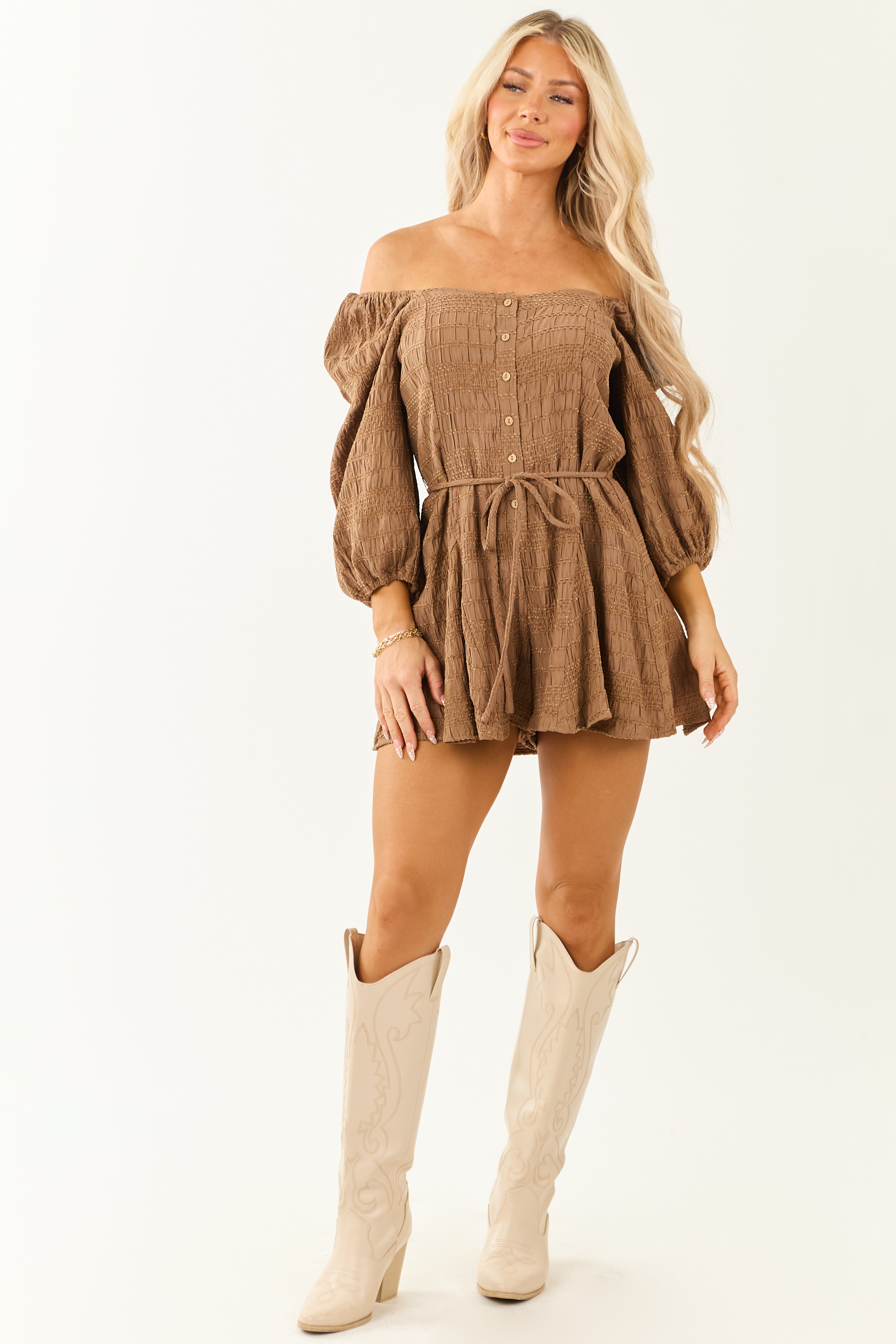 Chic Sepia Velvet Puff Sleeve Wide Leg Romper - Textured Fashion Jumpsuit for Effortless Style
