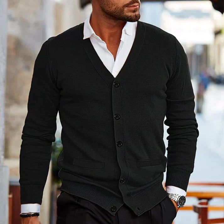 Men's Slim-Fit V-Neck Cardigan - Button Front, Pockets, Stylish Knitwear