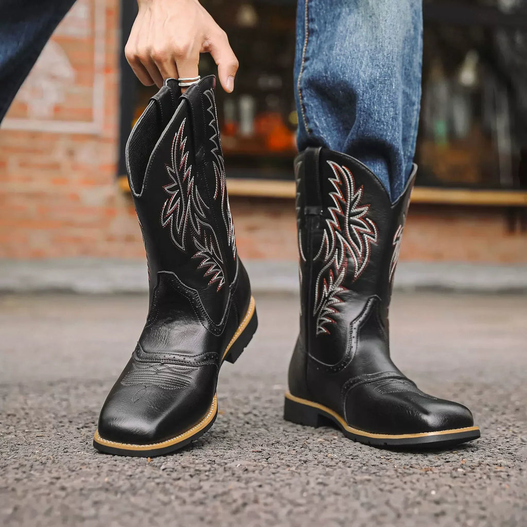 Men's Embroidered Western Cowboy Boots - Classic Mid-Calf Square Toe Design