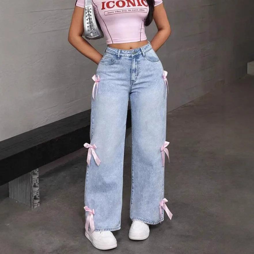 Dames Wide Leg Jeans met Strik - Hoge Taille Gewassen Denim - Vintage Streetwear Enkellang 2025