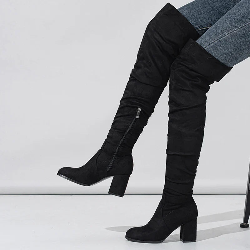Stylish Women's Knee High Boots - Pointed Toe, Slouch Design, Block Heel - Perfect for Any Occasion