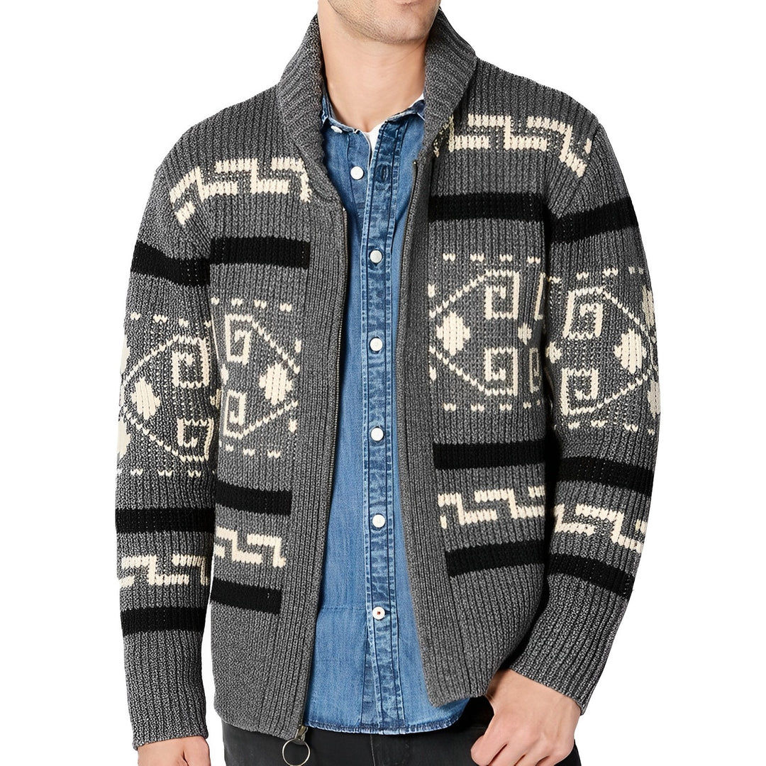 Men's Tribal Knit Shawl Collar Zip-Up Cardigan - Stylish Patterned Design for Comfort and Warmth