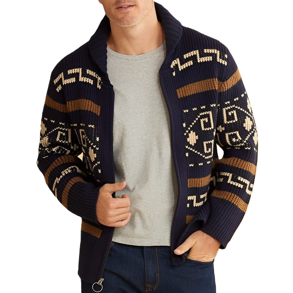 Men's Tribal Knit Shawl Collar Zip-Up Cardigan - Stylish Patterned Design for Comfort and Warmth