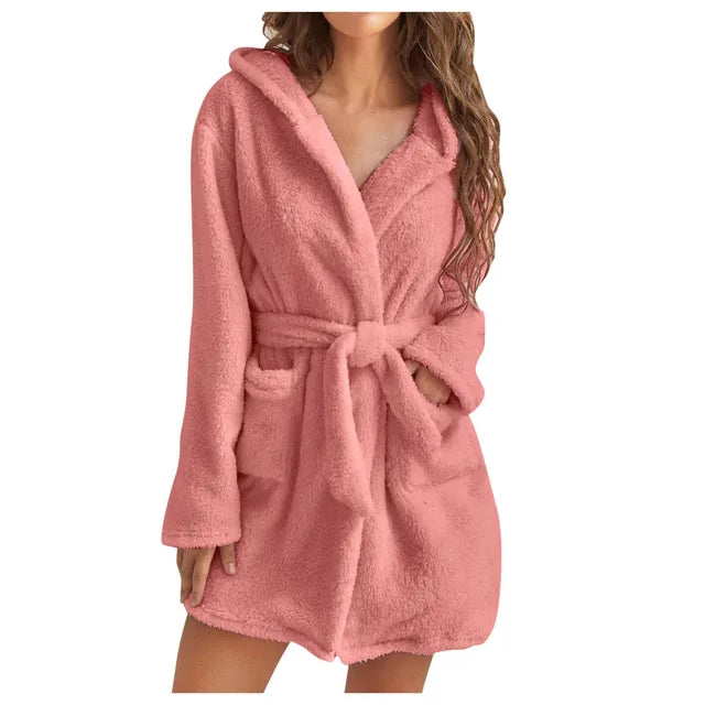 Cozy Women's Fluffy Hooded Bathrobe - Soft, Warm & Stylish Loungewear