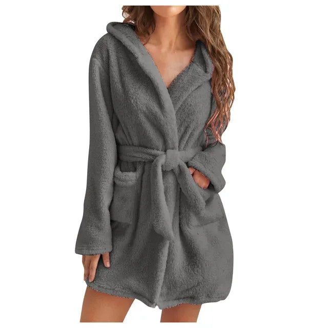 Cozy Women's Fluffy Hooded Bathrobe - Soft, Warm & Stylish Loungewear