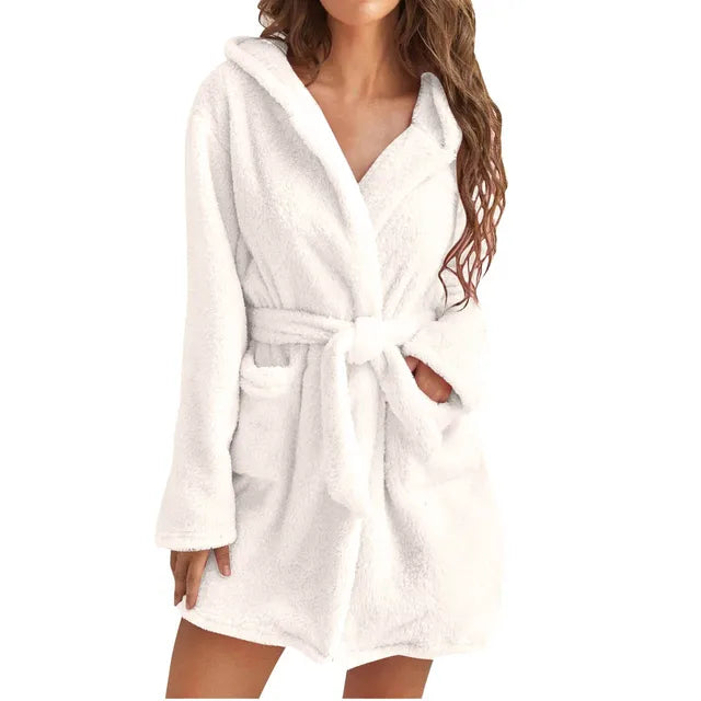 Cozy Women's Fluffy Hooded Bathrobe - Soft, Warm & Stylish Loungewear