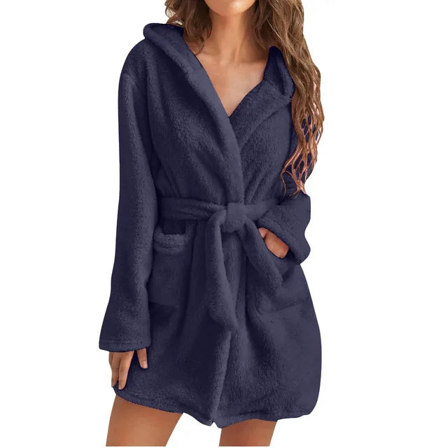 Cozy Women's Fluffy Hooded Bathrobe - Soft, Warm & Stylish Loungewear