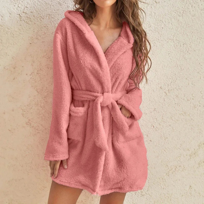 Cozy Women's Fluffy Hooded Bathrobe - Soft, Warm & Stylish Loungewear