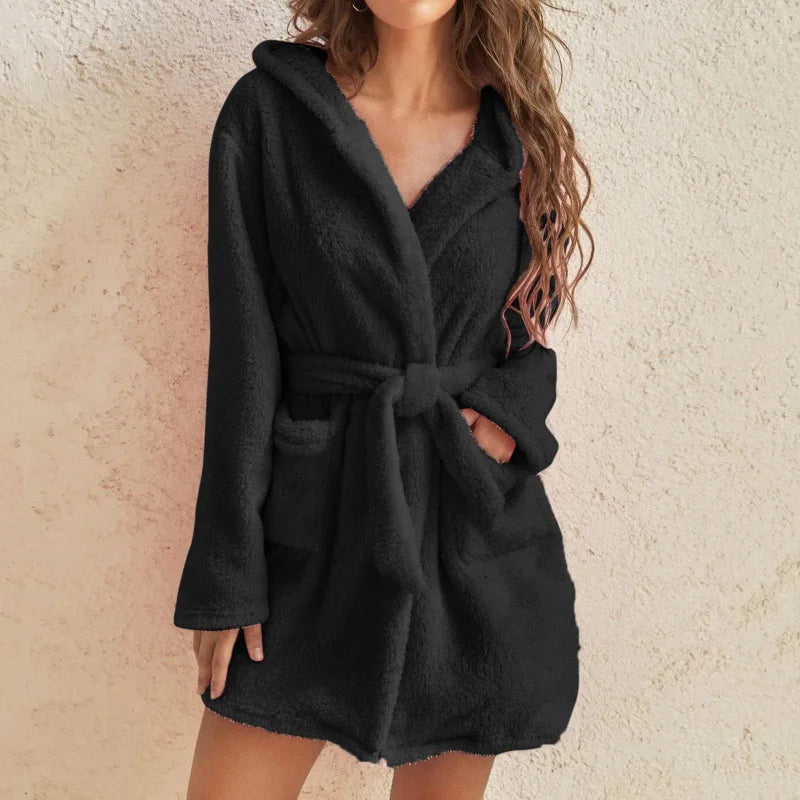 Cozy Women's Fluffy Hooded Bathrobe - Soft, Warm & Stylish Loungewear