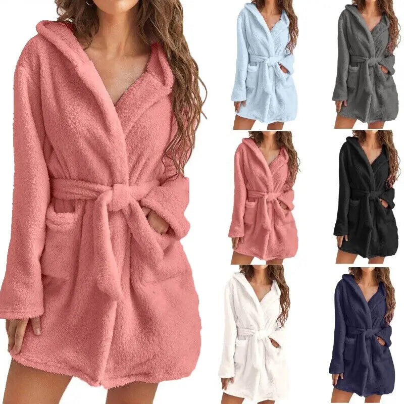 Cozy Women's Fluffy Hooded Bathrobe - Soft, Warm & Stylish Loungewear