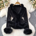 Elegant Women's Ribbed Knit Top with Plush Faux Fur Trim
