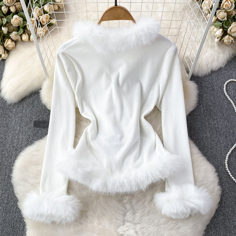 Elegant Women's Ribbed Knit Top with Plush Faux Fur Trim