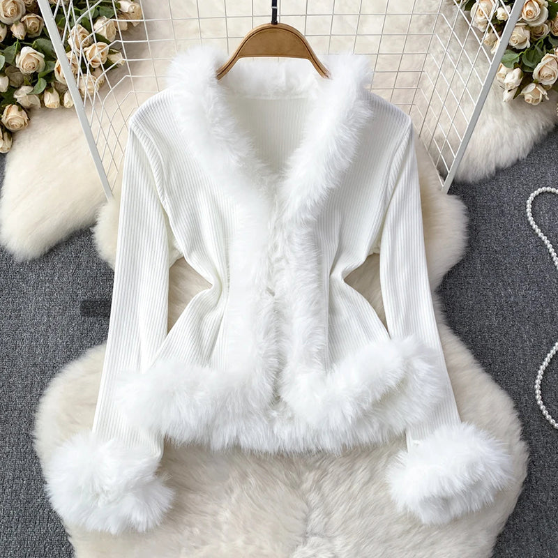 Elegant Women's Ribbed Knit Top with Plush Faux Fur Trim