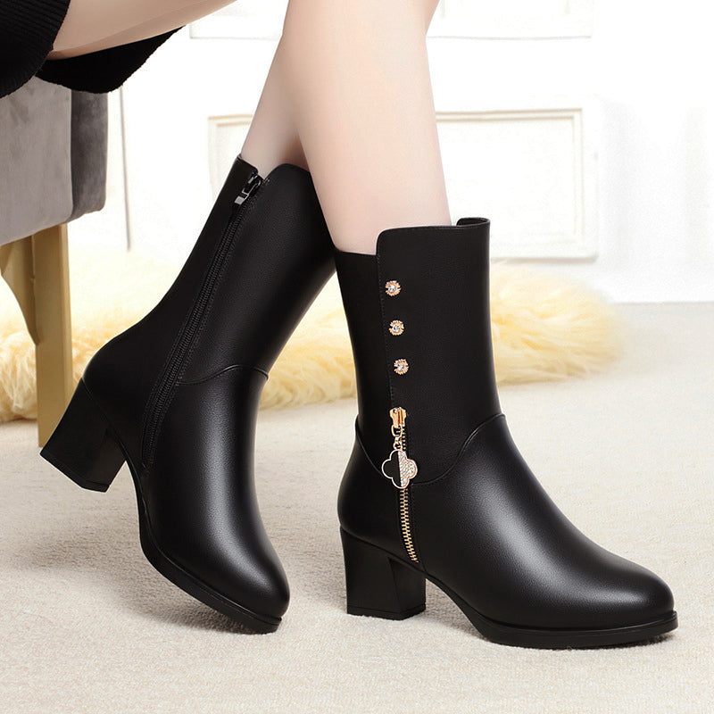 Elegant Women's Mid-Calf Leather Boots: Plush Lining, Block Heel, Winter Warmth