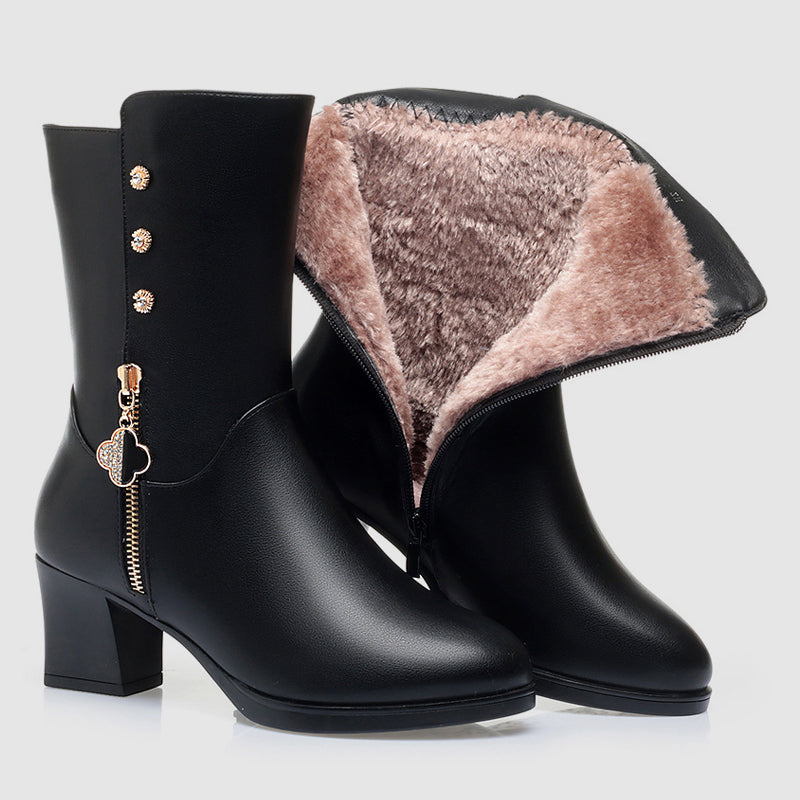 Elegant Women's Mid-Calf Leather Boots: Plush Lining, Block Heel, Winter Warmth