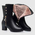 Elegant Women's Mid-Calf Leather Boots: Plush Lining, Block Heel, Winter Warmth