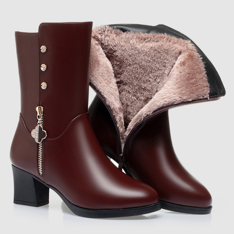 Elegant Women's Mid-Calf Leather Boots: Plush Lining, Block Heel, Winter Warmth