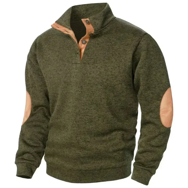 Men's Stand Collar Button Neck Jumper with Elbow Patches - Stylish Knit Sweater for Casual Wear